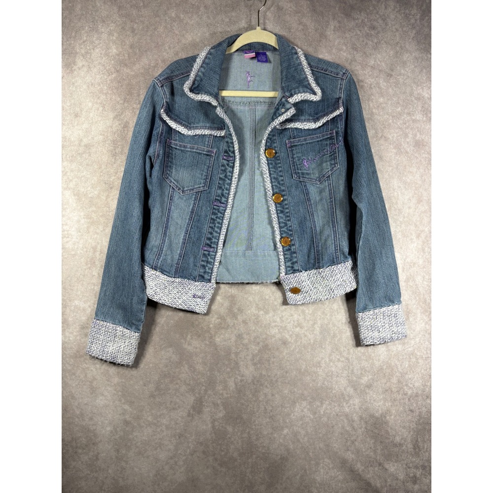 Johnny Girl Denim Jacket Womens Large Blue Tweed Trim Y2K Embroidered Stretch